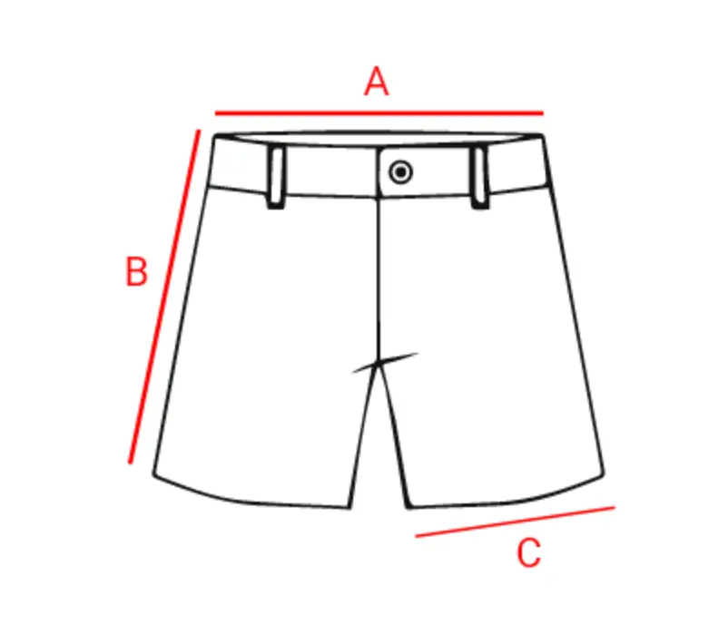 Esquema de medidas del short con las cotas A, B y C