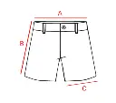 Esquema de medidas del short con las cotas A, B y C