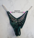 Parte de abajo de bikini de competencia verde con cristales y tirantes de cristal